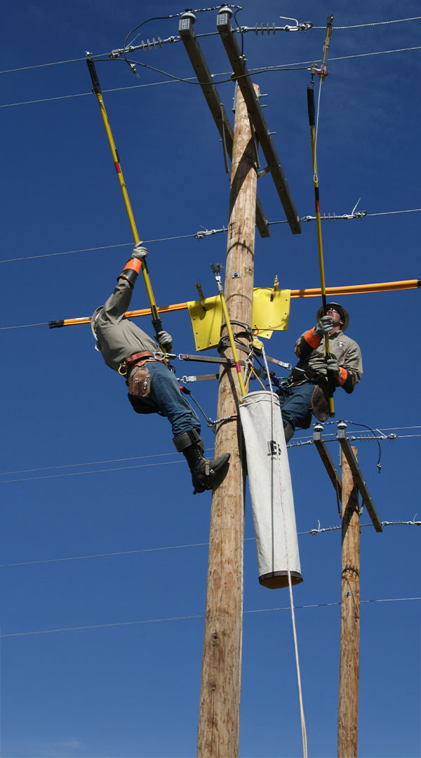 Line workers on an electrical pole use Hastings products to protect themselves stay safe.