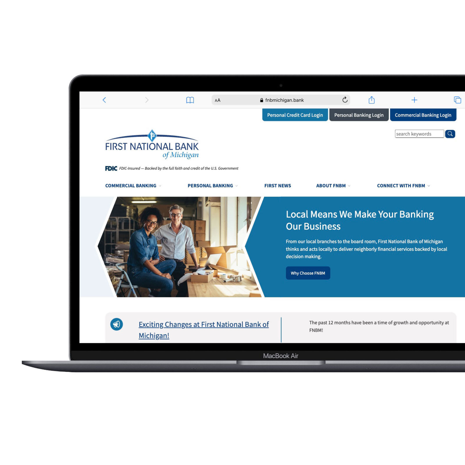 FNBM Website as shown on laptop